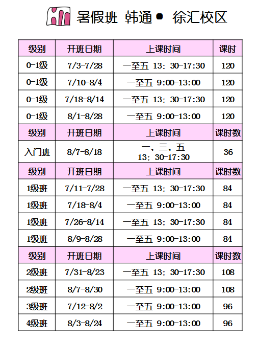 韩通韩国语：徐汇校区暑假班开课(图1)